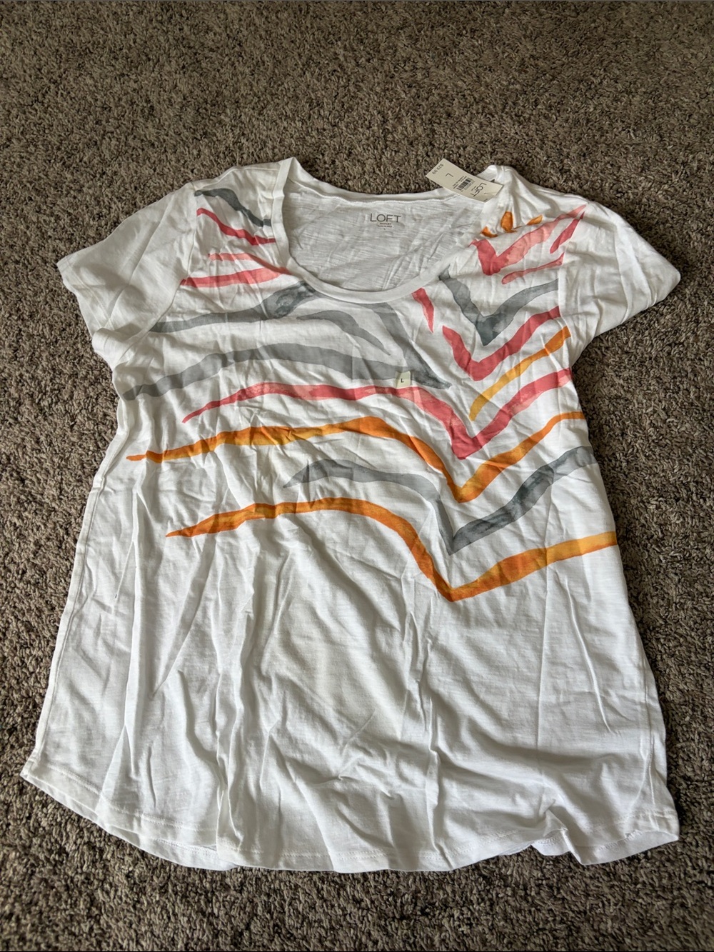 LOFT White Short Sleeve Tee with Orange, Gray & Pink Stripes